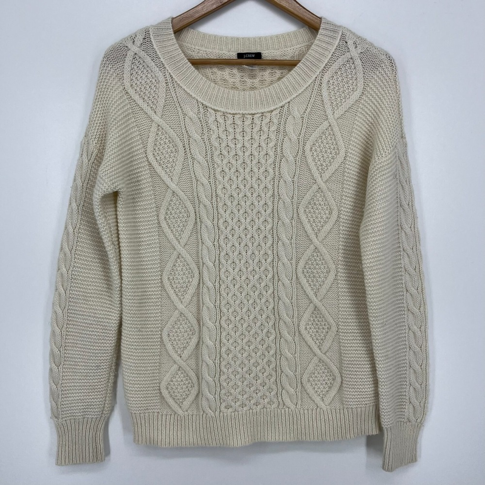 J. Crew Women Cream Ivory Cable Knit Wool Mohair Blend Crewneck Sweater Size S